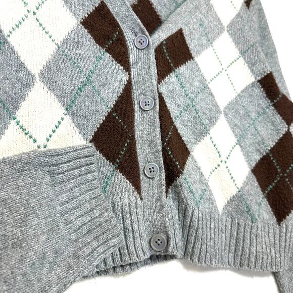 American Eagle M Gray‎ Argyle Cropped Cardigan Academia Eco Cozy Layer Fall Y2K - Picture 3 of 10